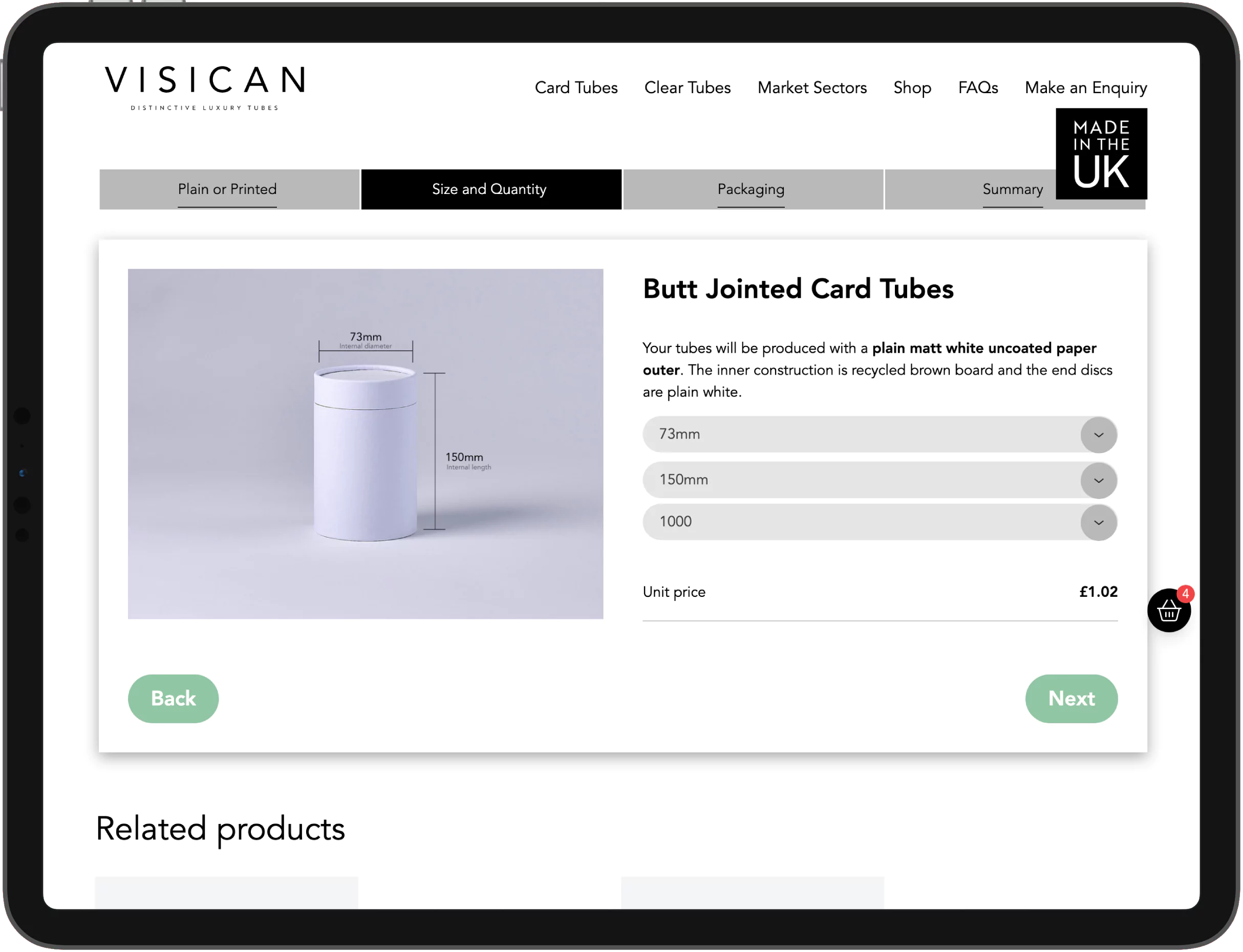 A screenshot of Visican's online shop second step where a user can select the size and quantity of card tubes.